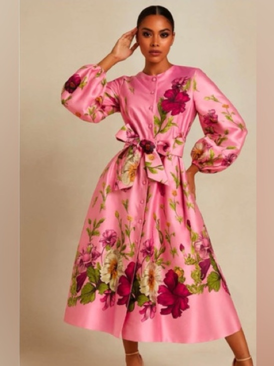 Nancy Yang Dresses & Skirts - Nancy Yang Pink Floral Satin Midi Dress with Statement Bow S